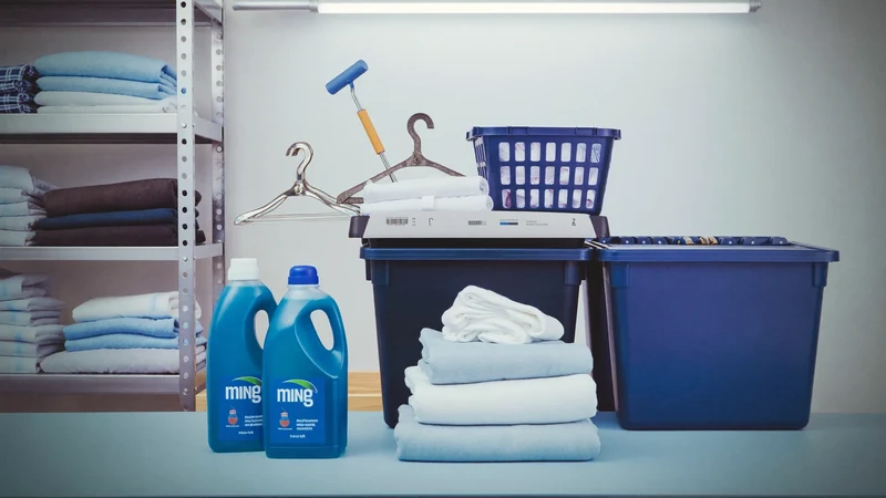 Ilustrație generată: atmosferă de curățătorie, cu articole textile pregătite pentru îngrijire